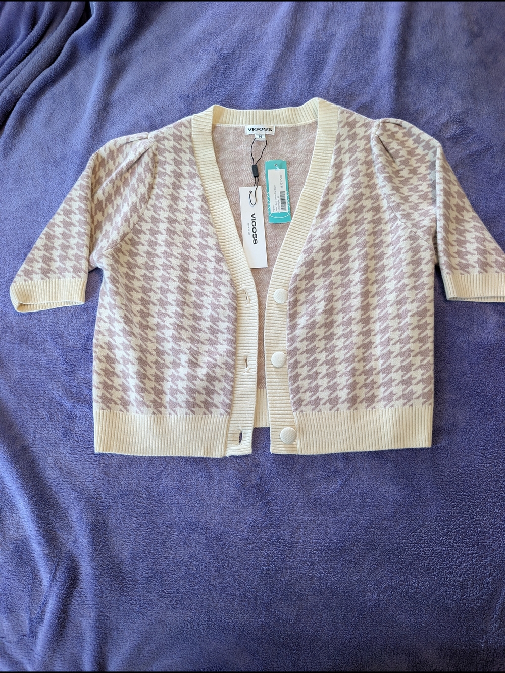 Vigoss Cream and Lilac Houndstooth Short Sleeve Button Cardigan